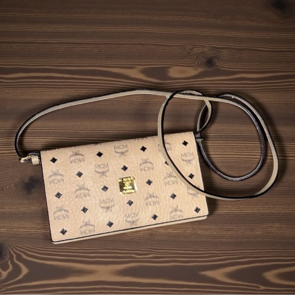 MCM Embossed Leather Small Crossbody Light Beige/Off White NWOT